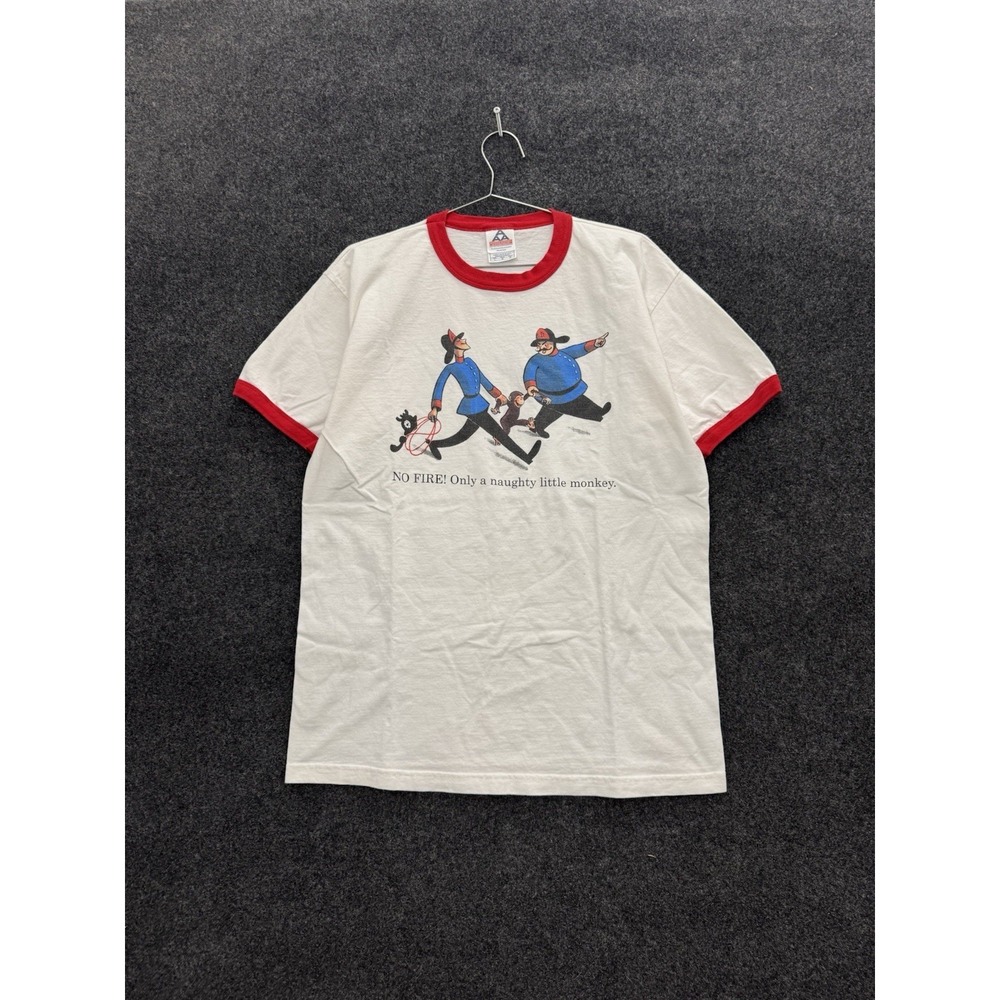 Vintage Curious George 90s Naughty Monkey Firemen T-Shirt Double Sided Ringer L